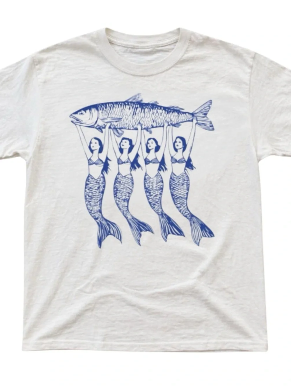 Gildan White Tee with Blue Mermaid Quartet and Fish Graphic